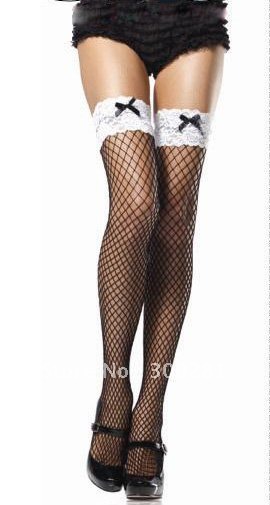 SW23 wholesale&retail Blak Fence-Net stockings sexy lingerie fishnet GOTH White lace with bow Free shipping $5 off per $50 order