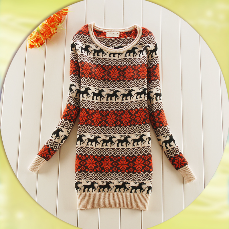 Sweater 2012 autumn and winter women vintage medium-long basic sweater romantic elk loose sweater