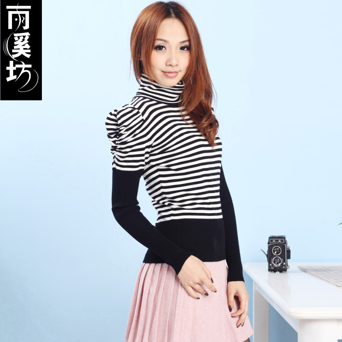 Sweater female puff sleeve faux two piece set stripe turtleneck 2012 autumn slim
