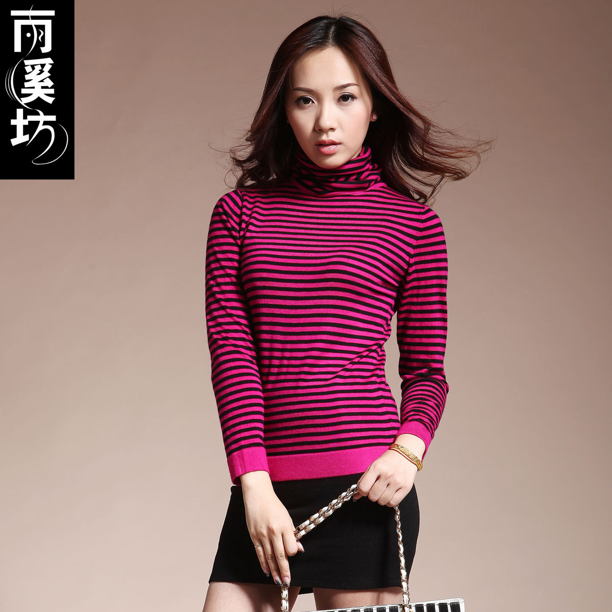 Sweater female slim vintage basic sweater knitted heap turtleneck stripe sweater women's autumn and winter