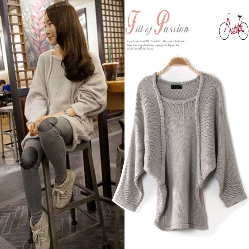 Sweater female women's sweet patchwork batwing type slim waist medium-long pullover sweater 1971 loose sweater