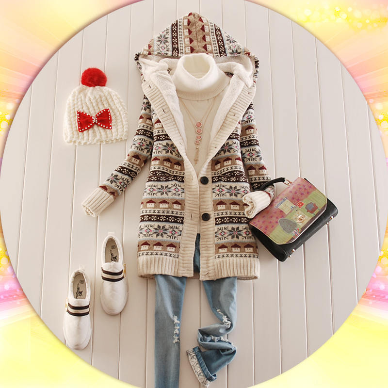 Sweater outerwear 2012 loose thickening medium-long sweater outerwear with a hood yarn cardigan