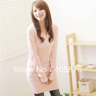 Sweater outerwear female loose thickening V-neck twisted vintage medium-long sweater female