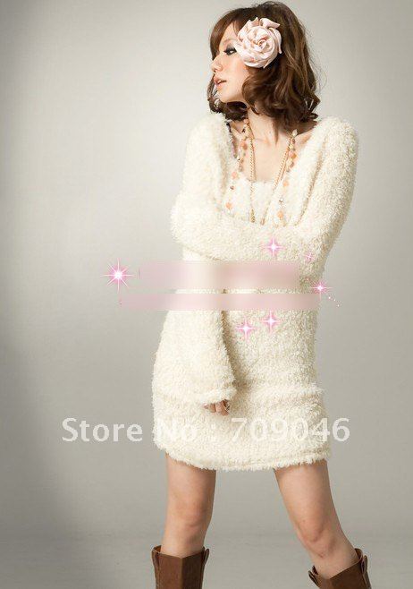 Sweaters 2012 Autumn winter women's thin rabbit fur sweater dress plush long design sweater slim knitted basic shirt 12111620