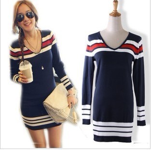 Sweaters 2012 Women Fashion Autumn/Winter Korean Long Sleeve Stripe Slim Fit Long Knitted Sweaters Dress D8337