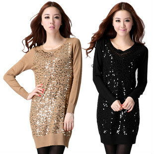 sweaters women 2012,Women's medium-long slim o-neck long-sleeve paillette sweater slim hip one-piece dress,free shipping.