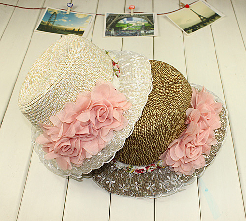 Sweet 3 lace decoration lace flower big strawhat sun hat beach cap paper straw braid