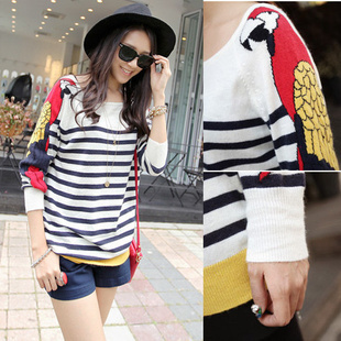Sweet and Lovely Howl Pattern Sleeves Striped O-neck Sweater,Free Shipping