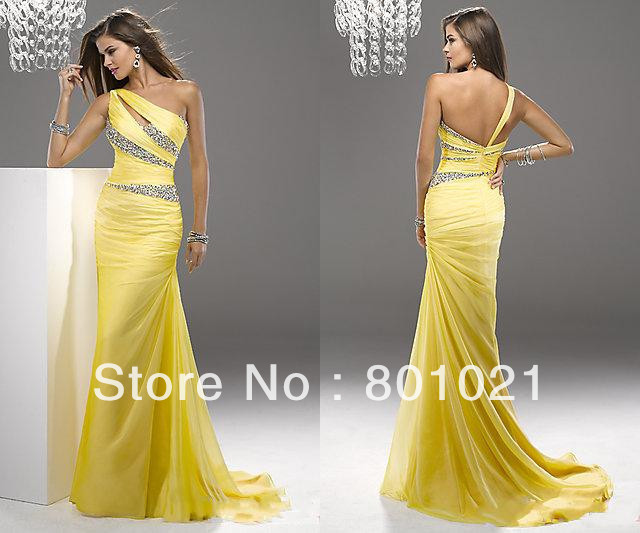 Sweet Beaded Detail Chiffon Yellow Long Ruched One Shoulder Gown