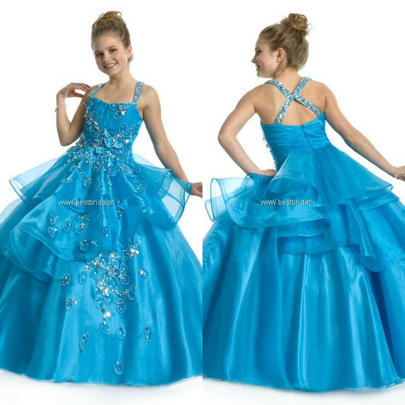 sweet blue halter organza long beaded pageant dresses for girls 2013 ruched tiered skirt floor length