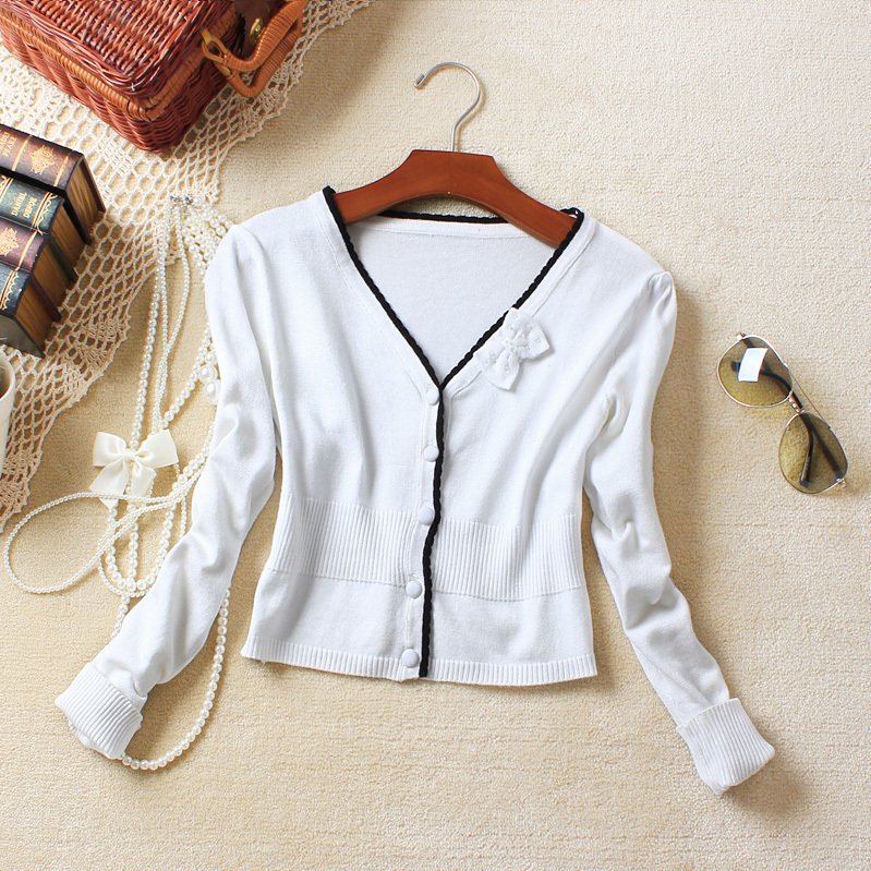 Sweet bow ruffle hem long-sleeve short design knitted small cardigan sweater candy color c1871