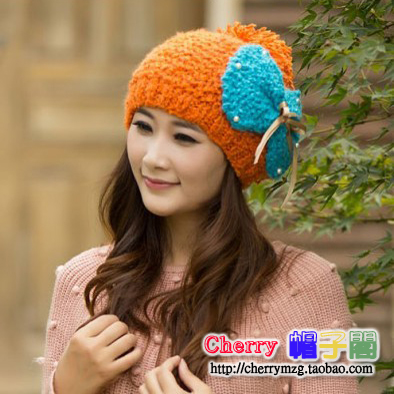 Sweet bow women's knitted hat autumn and winter fashion solid color pearl circle yarn knitted hat