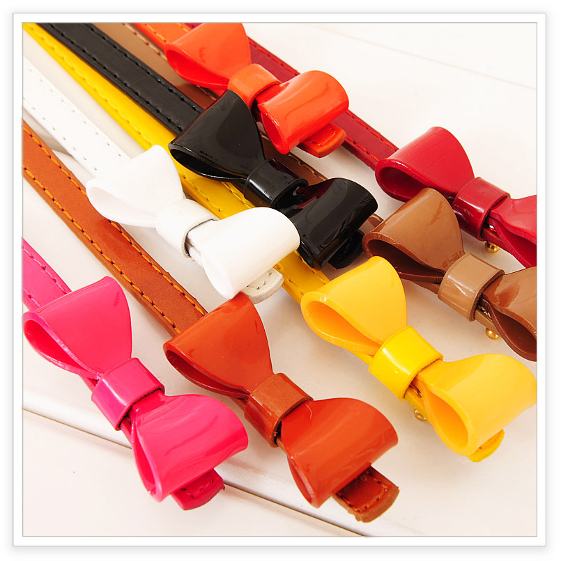 sweet candy color resin three-dimensional bow japanned leather thin belt