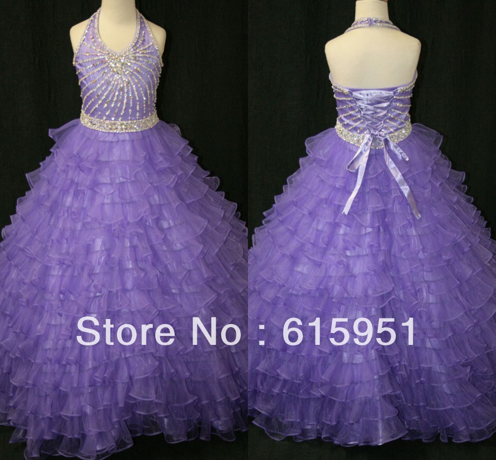 Sweet & cute purple halter floor length lace up heavily beaded bodice tiered ruched ball gown girls pageant dresses JW0033