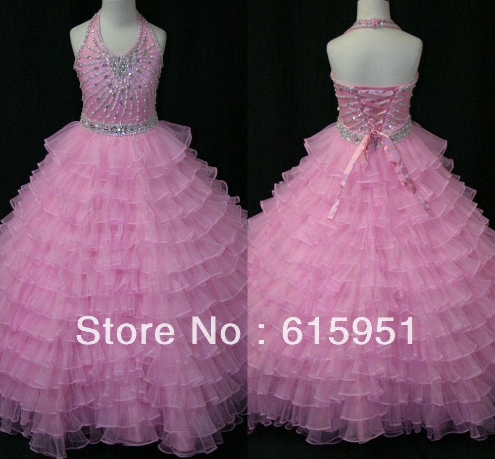 Sweet&cute sleeveless floor length lace up heavily beaded bodice light pink ruched ball gown girls pageant dresses JW0031