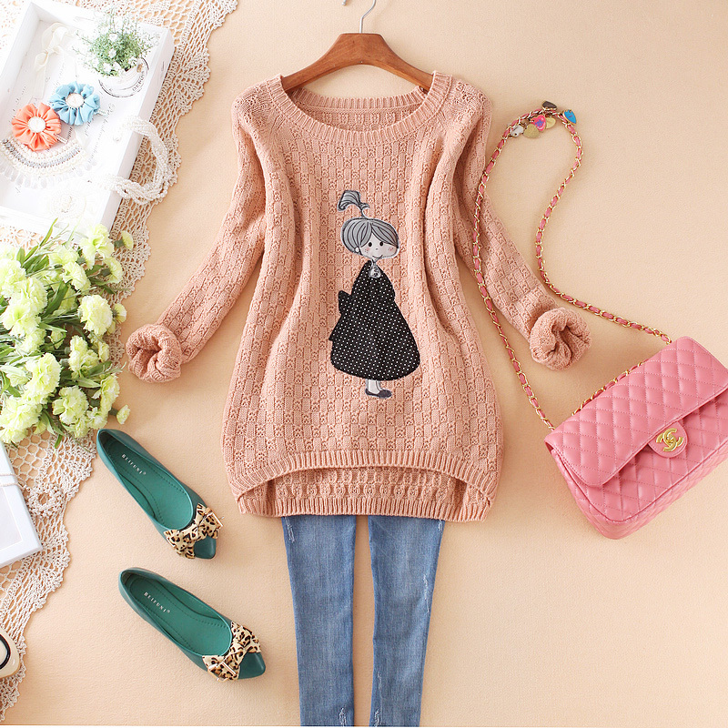 Sweet doll applique o-neck loose knitted sweater long-sleeve top outerwear shirt sweater , Free Shipping