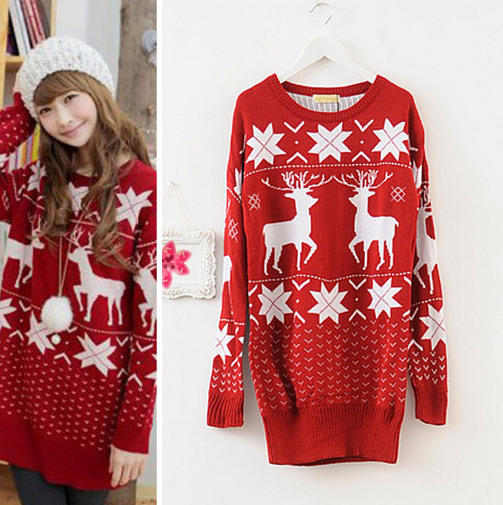 Sweet elegant christmas deer pattern medium-long pullover sweater dress ,Free shipping
