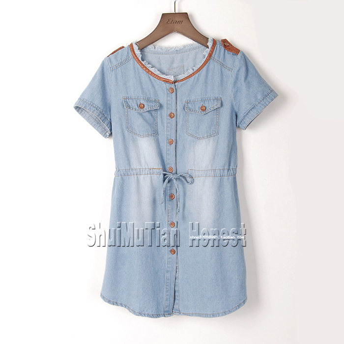 Sweet elegant leather hemming denim slim waist lacing type shirt short-sleeve dress thin full body