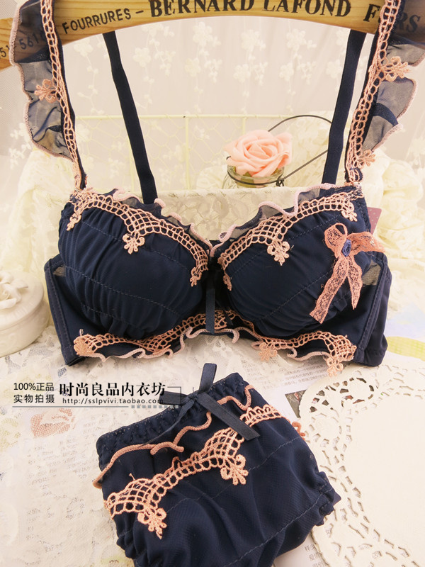 Sweet embroidery chiffon laciness shoulder strap sweet sexy bra set underwear set