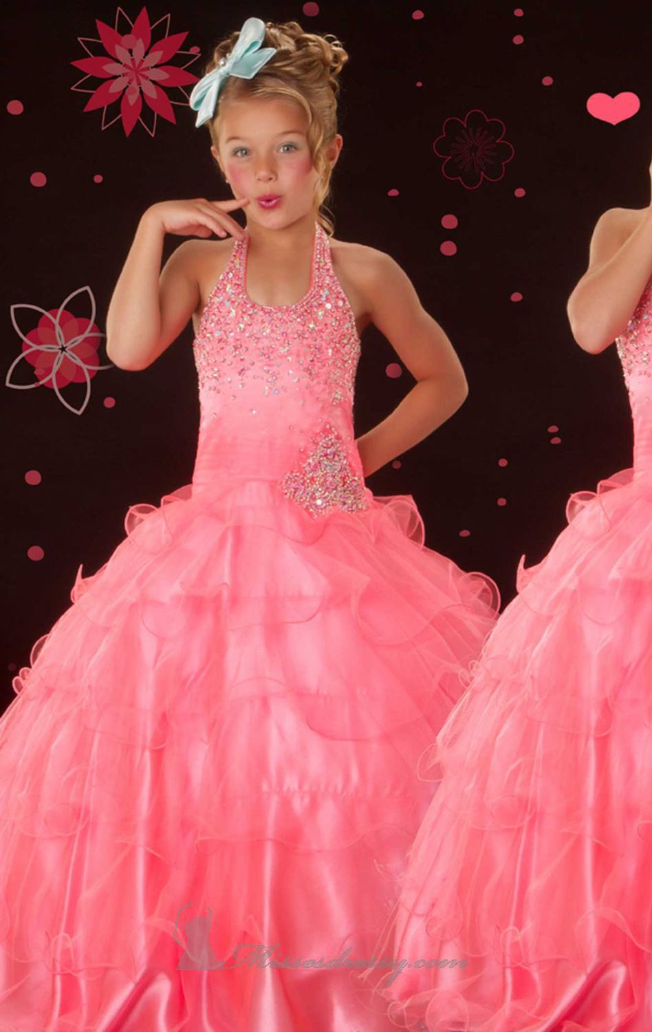 Sweet Free shipping Ball Gown Halter Organza Watermelon Pageant Dresses Flower Girl Dress With Crystals Ruffles(MDf34)