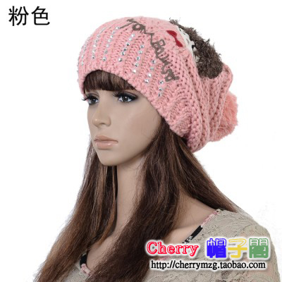 Sweet hair ball strap ear protector cap fashion cartoon autumn and winter sparkling diamond knitted hat
