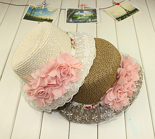 Sweet lace decoration big flower strawhat 3 sun hat beach cap paper straw braid female m01