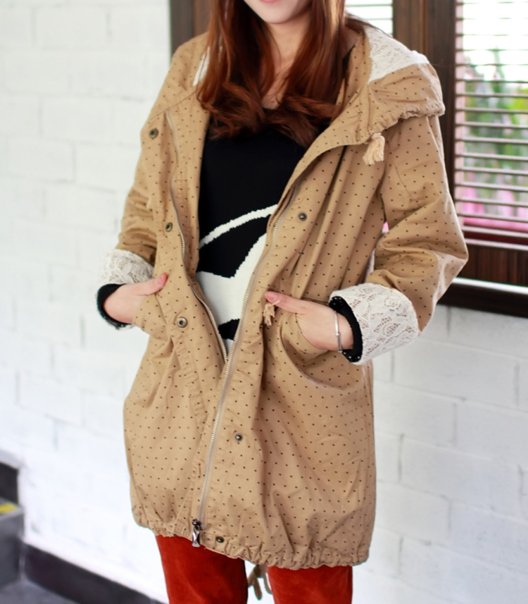 Sweet lace decoration slim hooded drawstring waist loose vintage trench outerwear female Free Shipping