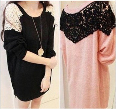 Sweet Lace Montage O-Neck Knitwear Long Sleeve Women Fashion Sweater Pullover Lovely Tops Sweaters Black/White/Pink Average Size