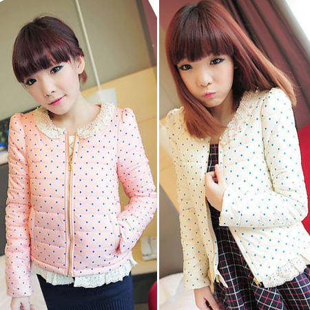 Sweet lace pearl crochet polka dot long-sleeve short design wadded jacket slim long-sleeve thermal outerwear