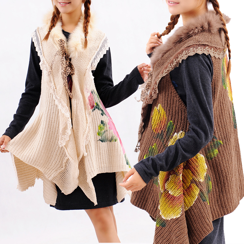 Sweet lace rabbit wool knitted vest cardigan coat