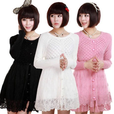 Sweet ladies Milk velvet sweater women o neck white Long style skirt Lace dress sweater good quality