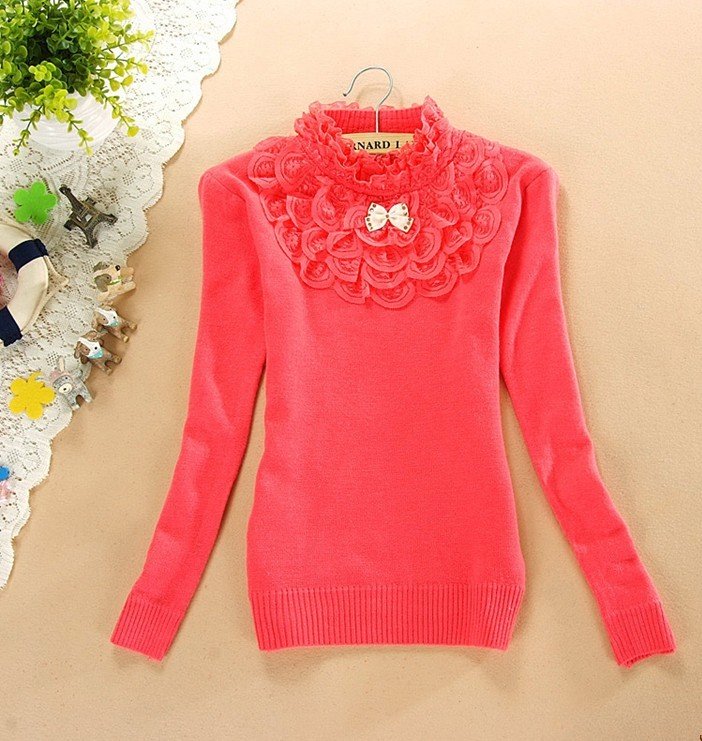 Sweet lady lace bow bottoming shirt high collar sweater hot wholesale and retail Korean version of Women 6color