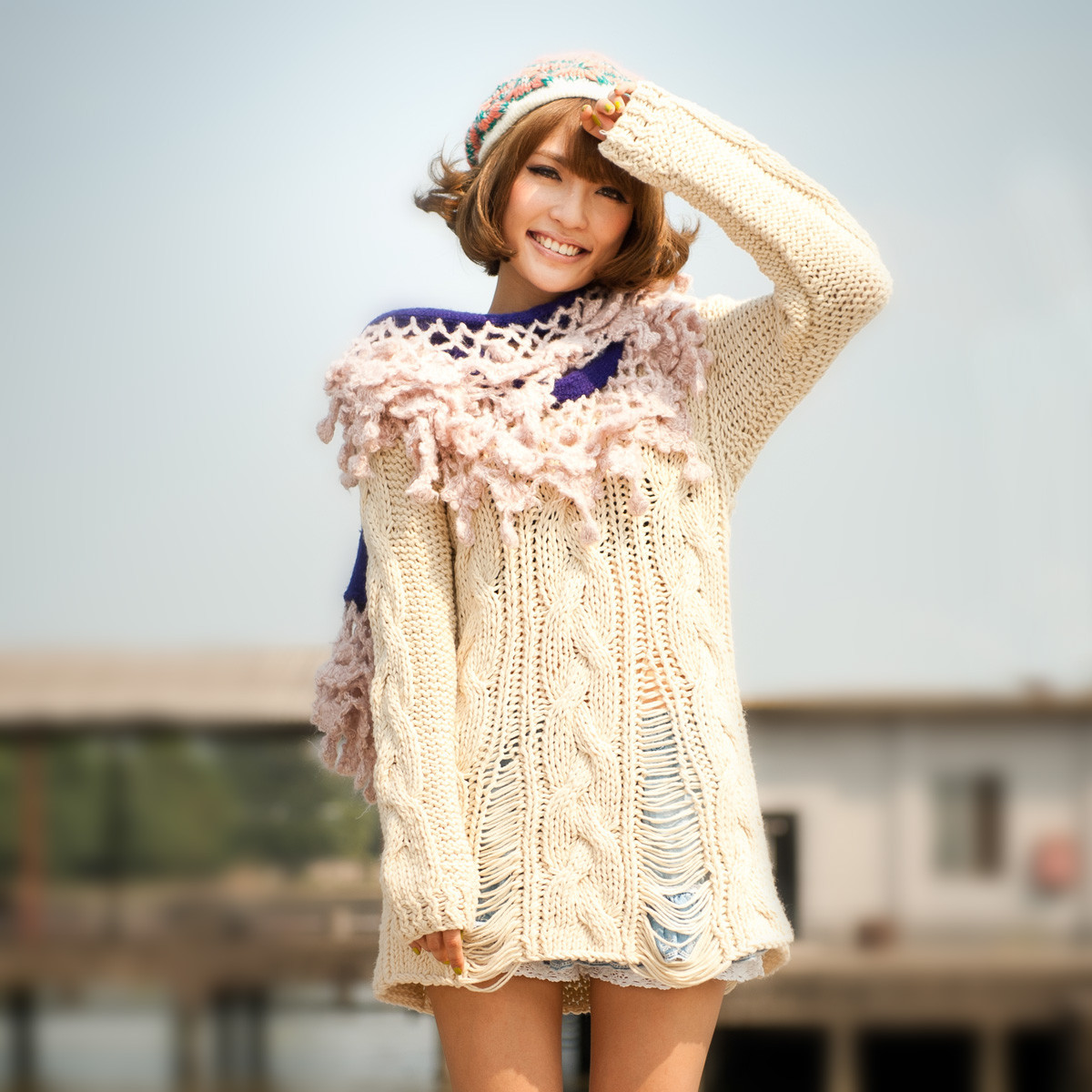 Sweet loose medium-long coarse knitting hole cutout pullover o-neck long-sleeve thick women's sweater