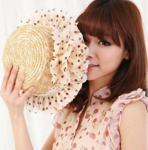 Sweet & Lovely Costume Fashion Lace Dot Flower Straw ladies' Sun Hats beach cap handmade knitted outdoor cap Free shipping