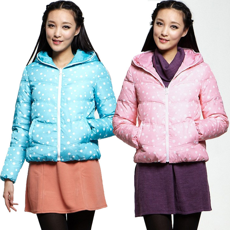 sweet polka dot reversible short design down coat blue white 0188367 with a hood female