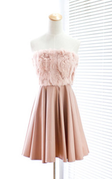 Sweet rabbit fur patchwork leather high waist tube top one-piece dress winter basic skirt tube top dress strapless dress