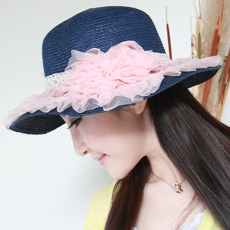 Sweet strawhat lace pleated flower sun hat women's sun hat