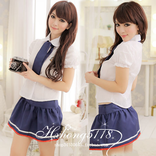 Sweet student clothing set temptation short-sleeve top blue short skirt female summer sleepwear lounge h99