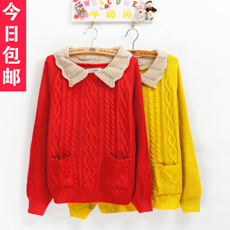 Sweet twisted women's peter pan collar pullover batwing shirt sweater female loose