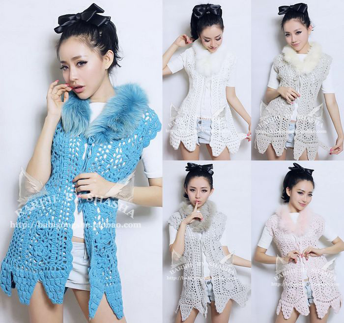 Sweet vintage fur maomao collar decoration crochet cutout sleeveless tank dress cardigan