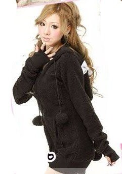 Sweet Zipper Front Rabbit Style Hooded Coat Black  free shipping