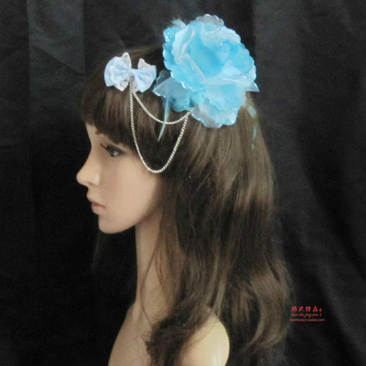 SWEETDAY New design blue hair flower with bow and chains very charming the real product looks better than the picture