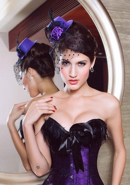 SWEETDAY purple hat with black veil  mini top hat feather fedoras