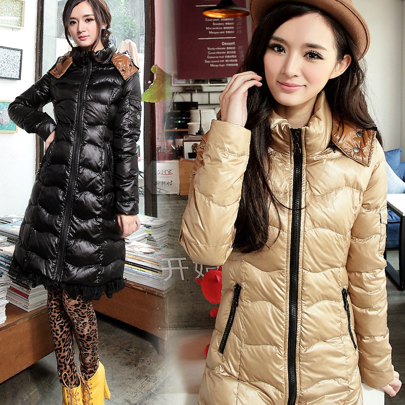 Sweets 12 winter new arrival zipper hooded slim waist slim medium-long down coat sweep lace