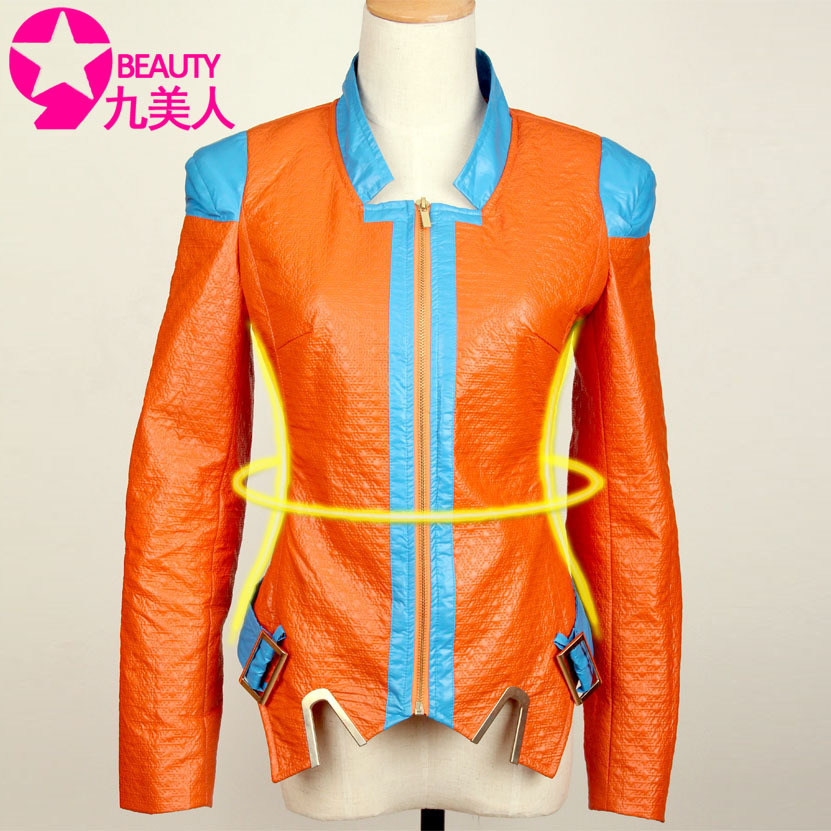 Sweets autumn color block motorcycle leather clothing female short design slim PU clothing outerwear jacket water washed leather