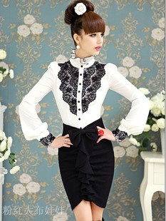 Sweety Korean style 2012 autumn white black lace ruffle stand collar puff sleeve slim shirt princess Granny chic white blouse