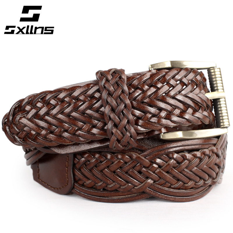 Sxllns Women genuine leather knitted strap female belt genuine leather cowhide knitted fashion pin buckle