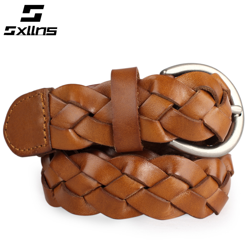 Sxllns Women knitted strap genuine leather strap female cowhide knitted pin buckle