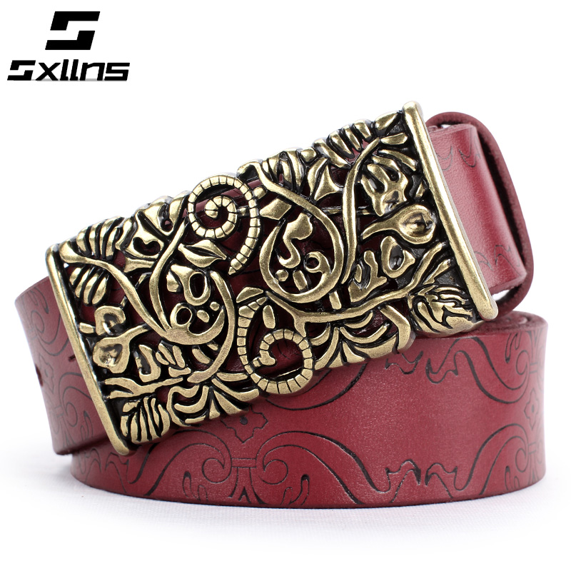 Sxllns Women strap genuine leather strap female belt vintage pure first layer of cowhide classical smooth buckle