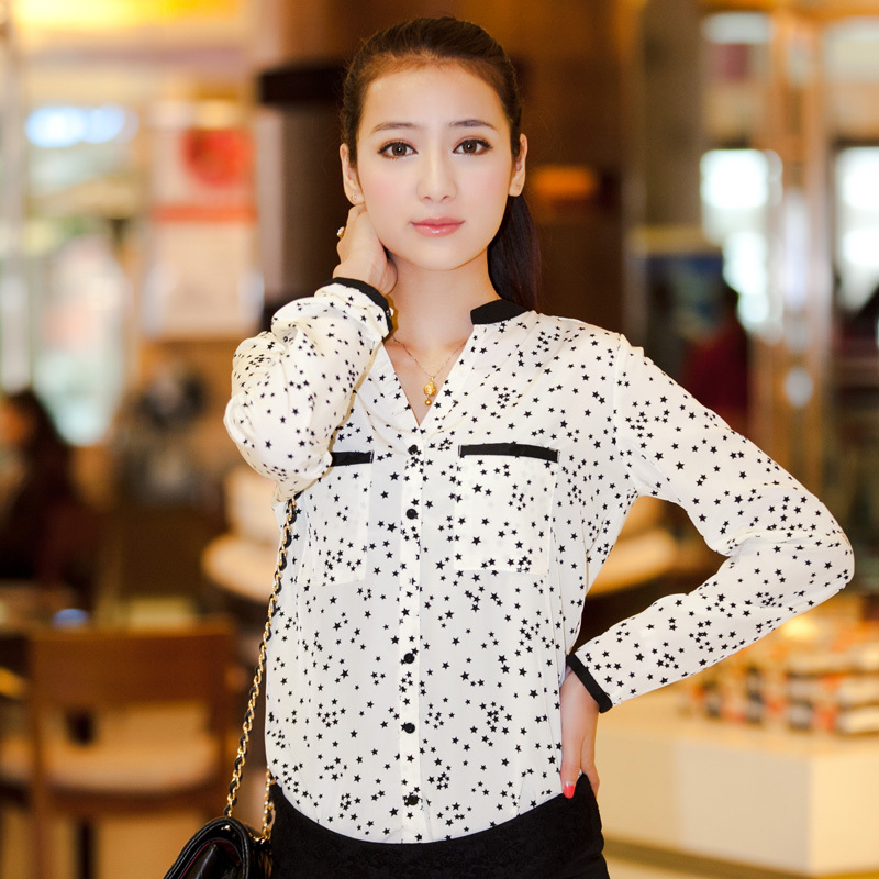 Sy401 spring 2013 color block print stand collar shirt long-sleeve chiffon shirt female
